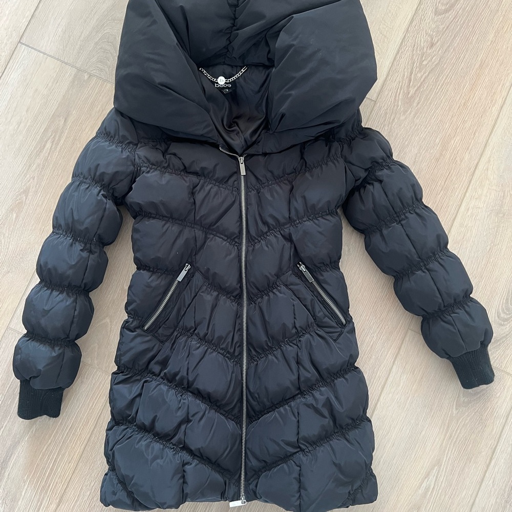 Bebe Black Puffer Jacket with Chain Detail